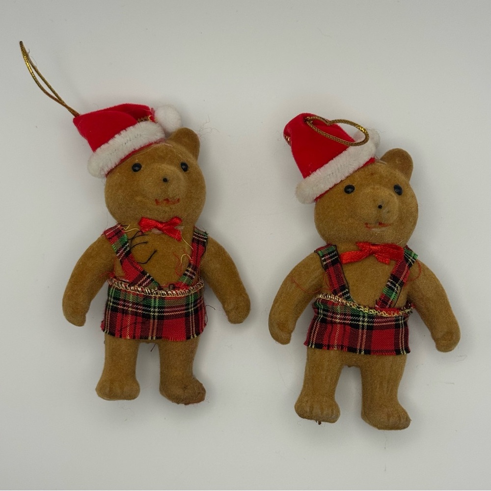 Vintage Christmas Teddy Bear Ornaments – Pair – Plaid Overalls & Santa Hats